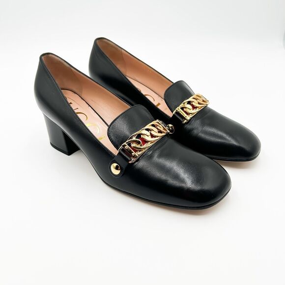 Gucci Heels Sylvie Pumps Black Loafers 55 Block Web Heel Chain 39.5, US 9.5 - Picture 2 of 14